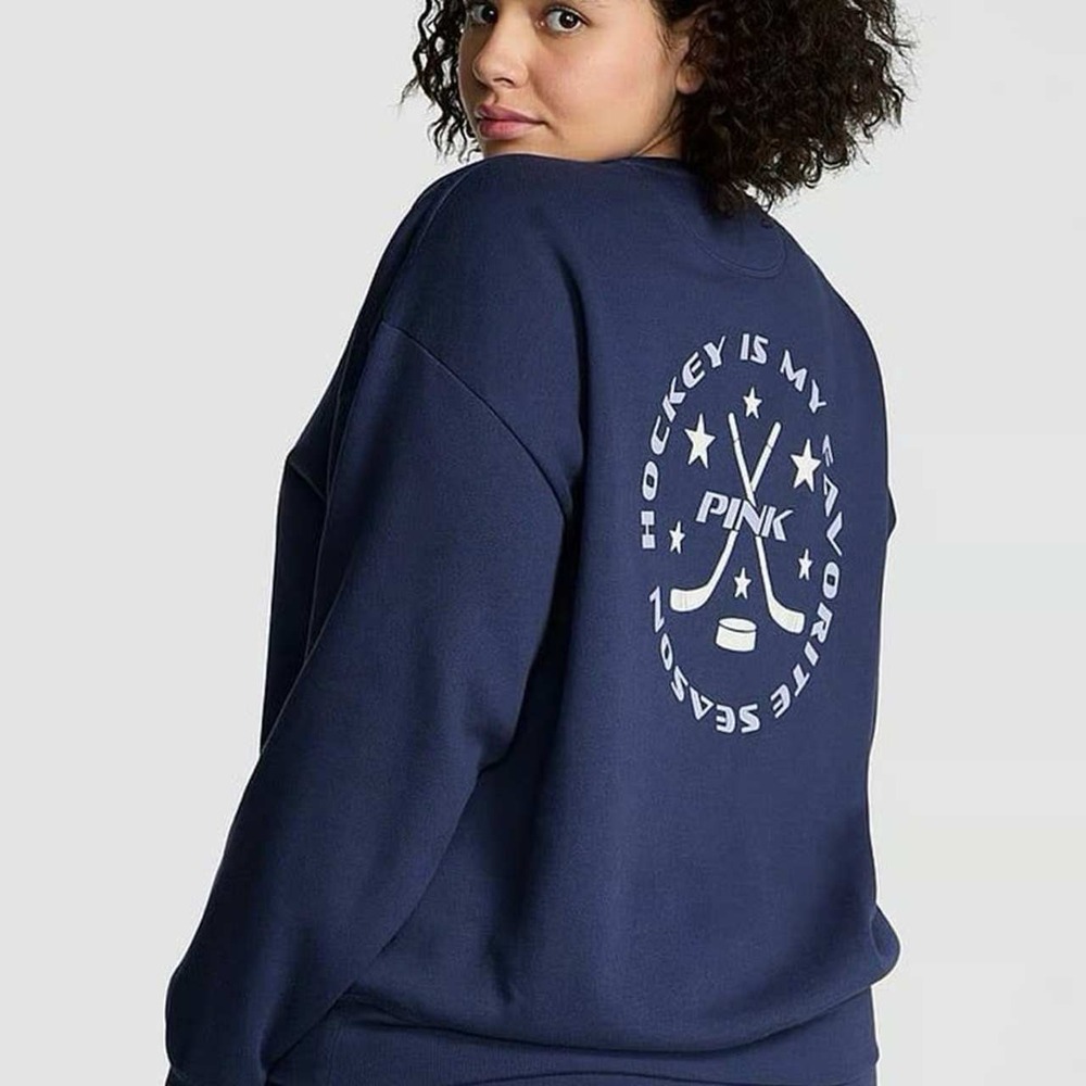 PINK Victoria's Secret Hockey Graphic Sweatshirt XL Blue Oversized Crewneck